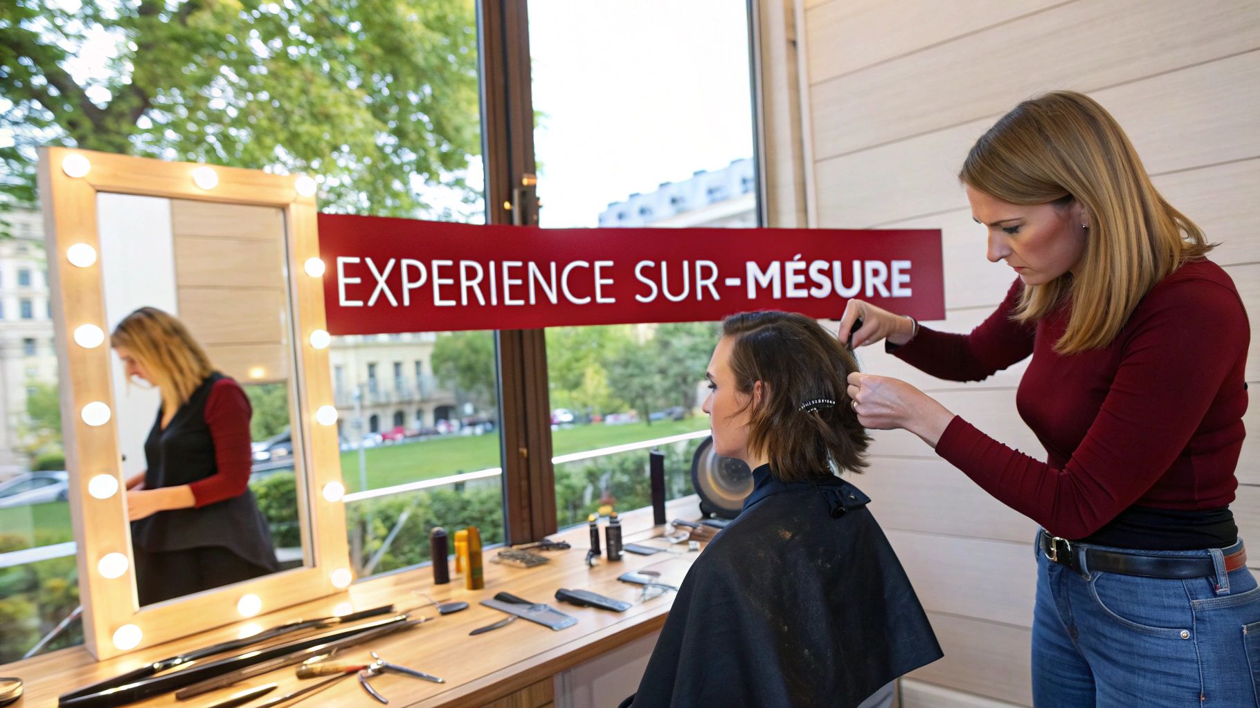 Une coiffeuse blonde coiffe les cheveux d'une cliente assise, devant un miroir lumineux et une fenêtre. Une bannière rouge indique 'EXPÉRIENCE SUR-MESURE'.