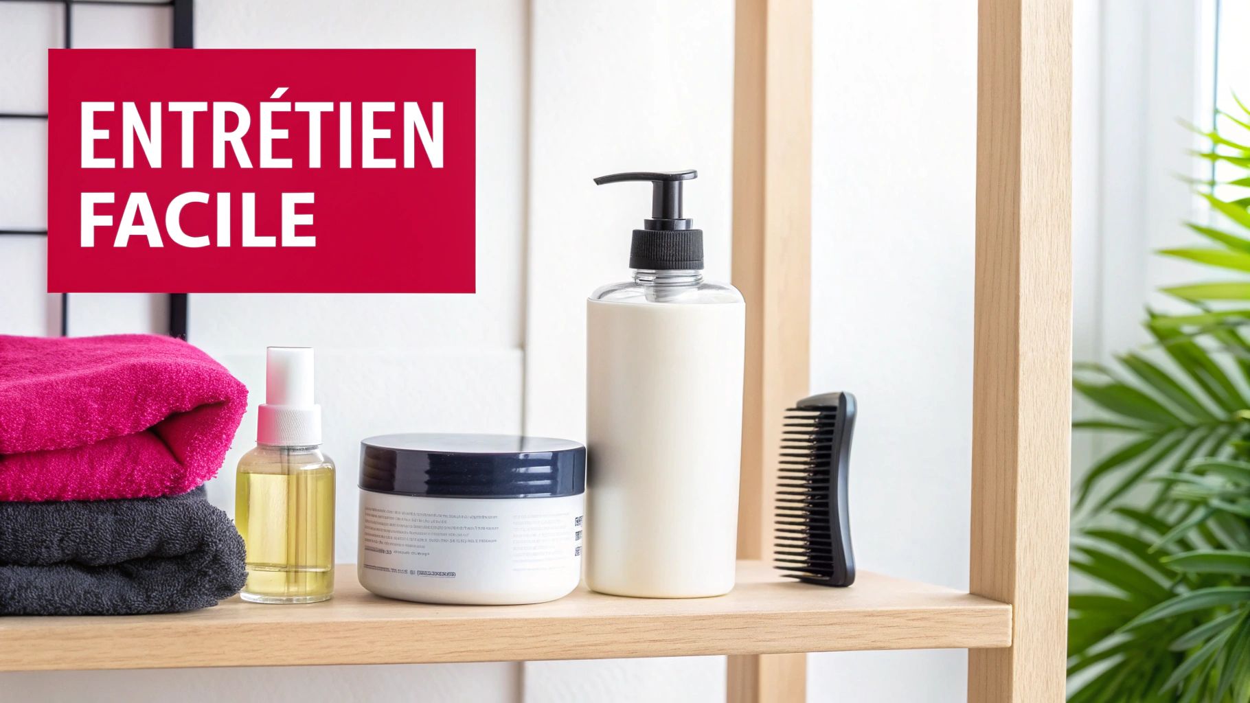 Produits de soins capillaires et corporels variés sur une étagère en bois, avec une bannière rouge affichant 'ENTRETIEN FACILE'.