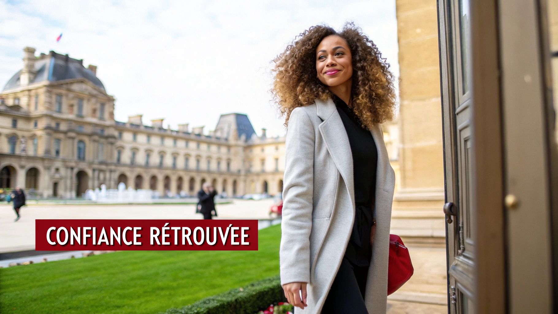 Une femme souriante aux cheveux bouclés, vêtue d'un manteau, devant un bâtiment historique avec une bannière "CONFIANCE RETROUVÉE".