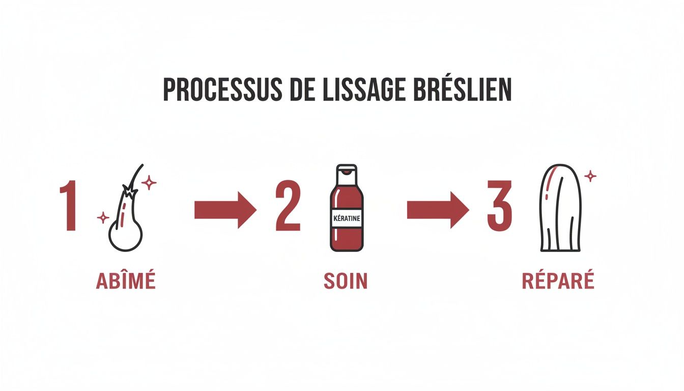 Illustration du processus de lissage brésilien en trois étapes : cheveux abîmés, soin à la kératine et cheveux réparés.