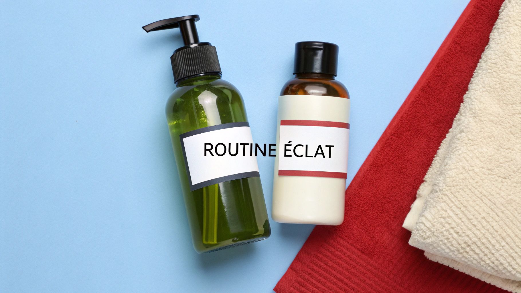 Deux bouteilles de produits de beauté étiquetées "ROUTINE ÉCLAT", une verte à pompe et une brune, avec des serviettes sur fond bleu.