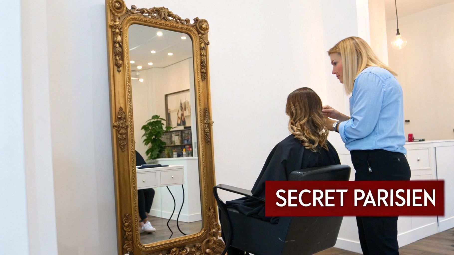 Cheveux blonds et sains d'une femme après un soin capillaire professionnel.