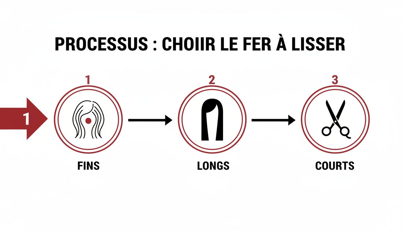 Processus pour choisir le fer à lisser en fonction du type de cheveux : fins, longs ou courts.