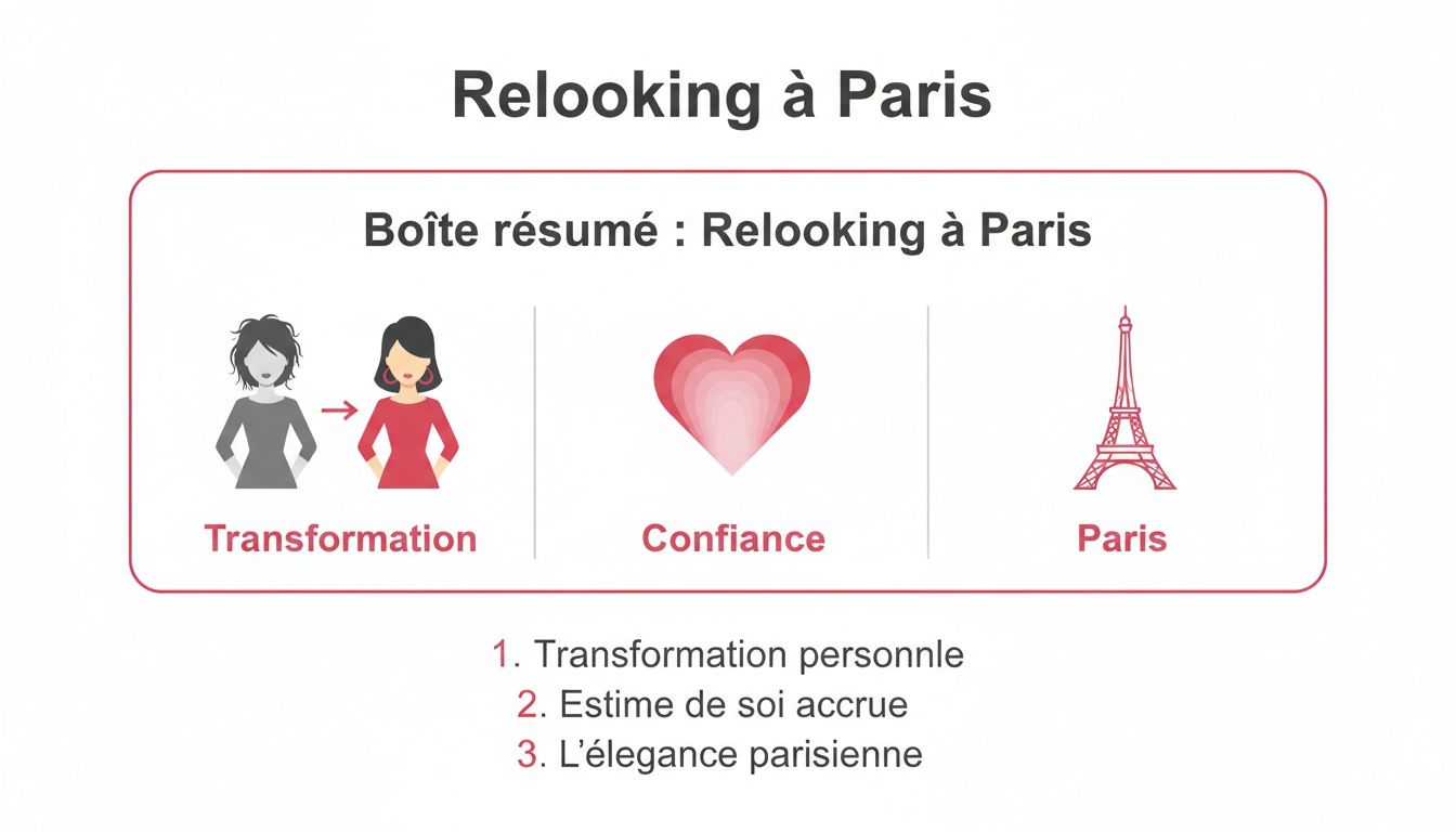 Infographie illustrant le concept de relooking à Paris, mettant en avant la transformation personnelle, la confiance et l'élégance parisienne.