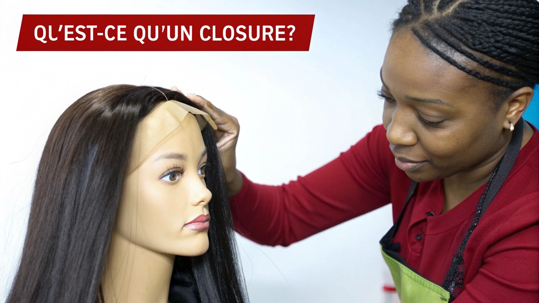 Une femme avec un tissage impeccable et une closure naturelle, posant avec confiance