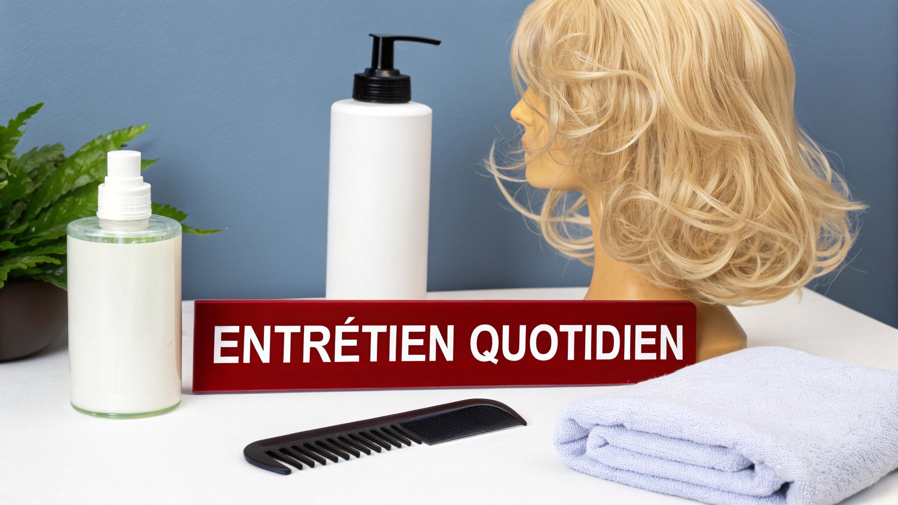 Vue rapprochée d'un mannequin avec perruque blonde, produits capillaires, peigne et serviette, avec le texte 'Entretien Quotidien'.