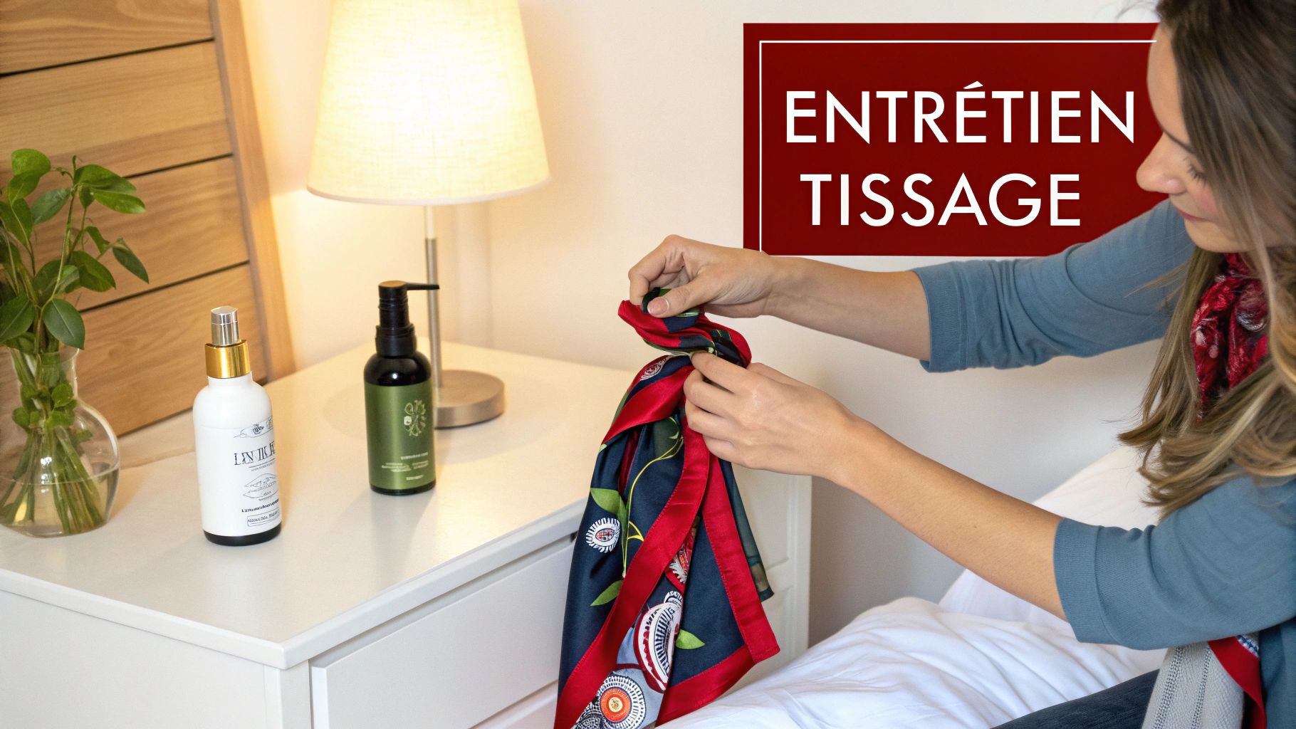 Femme assise sur son lit tenant un foulard coloré, produits capillaires sur la table de chevet