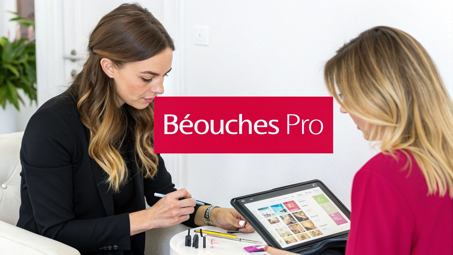 Deux professionnelles des ongles en formation, l'une utilisant un stylo, l'autre naviguant sur une tablette. Béouches Pro.