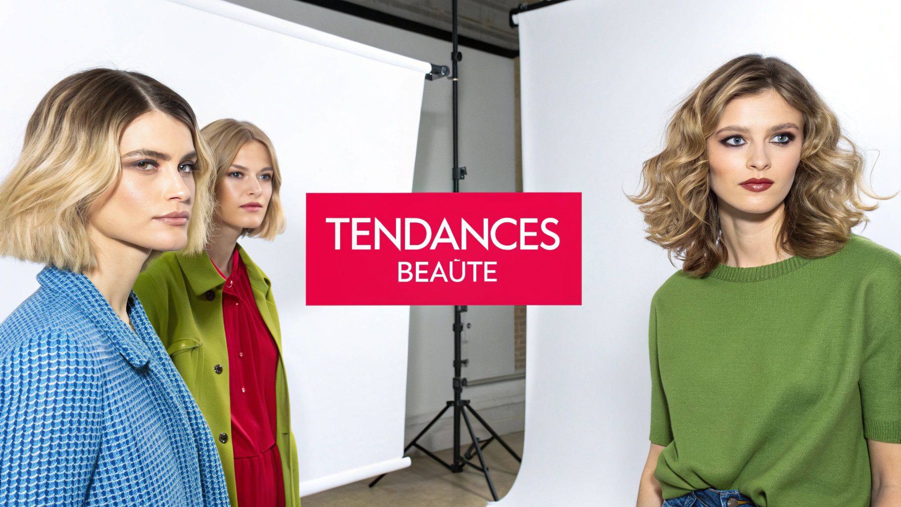 Trois femmes aux coiffures et maquillages variés posent dans un studio pour les "TENDANCES BEAUTÉ".