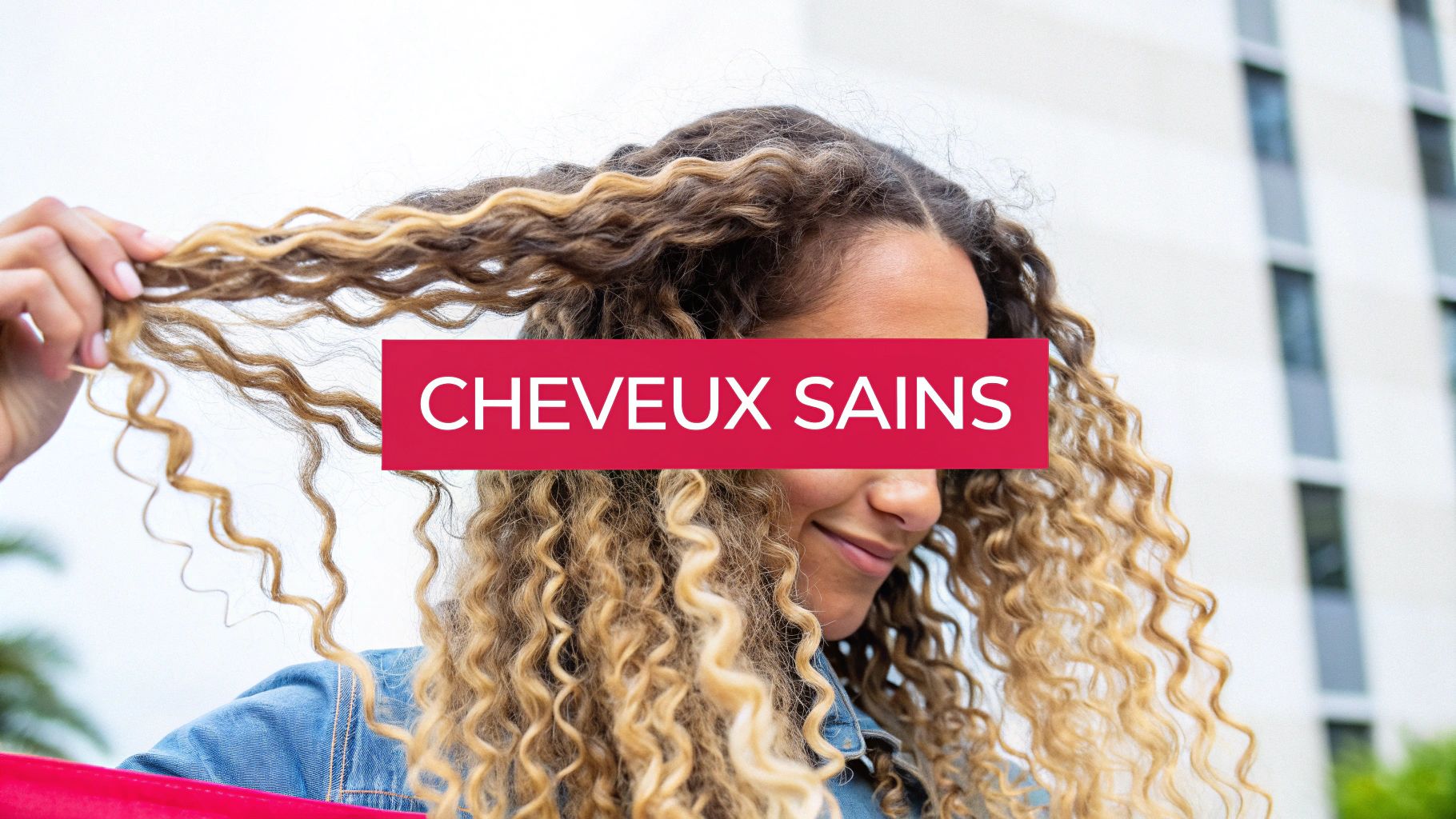 Une femme souriante tient une mèche de ses longs cheveux bouclés, blonds et sains, avec le texte "CHEVEUX SAINS".