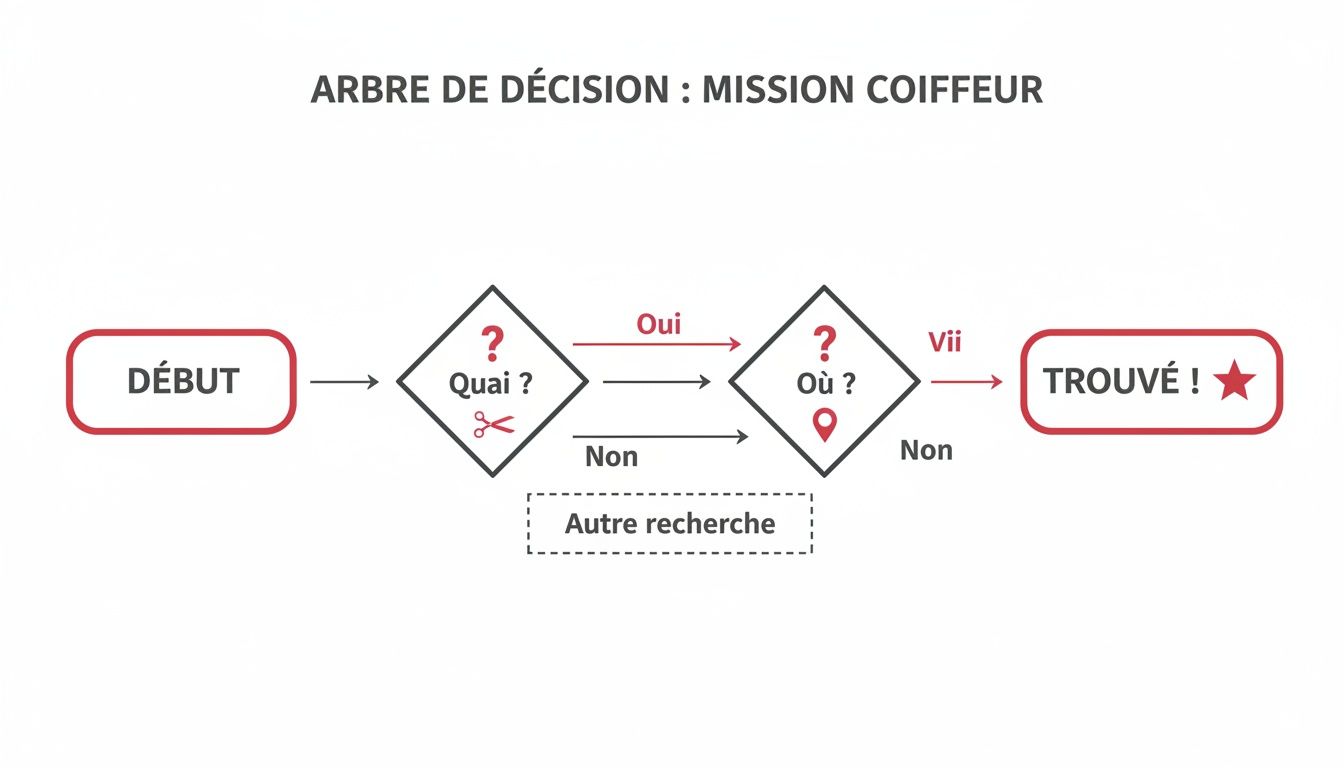 Un arbre de décision simple pour la mission coiffeur, guidant les choix sur quoi et où, menant à une solution trouvée.