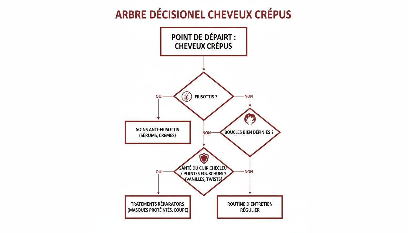 Diagramme de flux pour l'entretien des cheveux crépus, guidant les décisions selon les problèmes capillaires.
