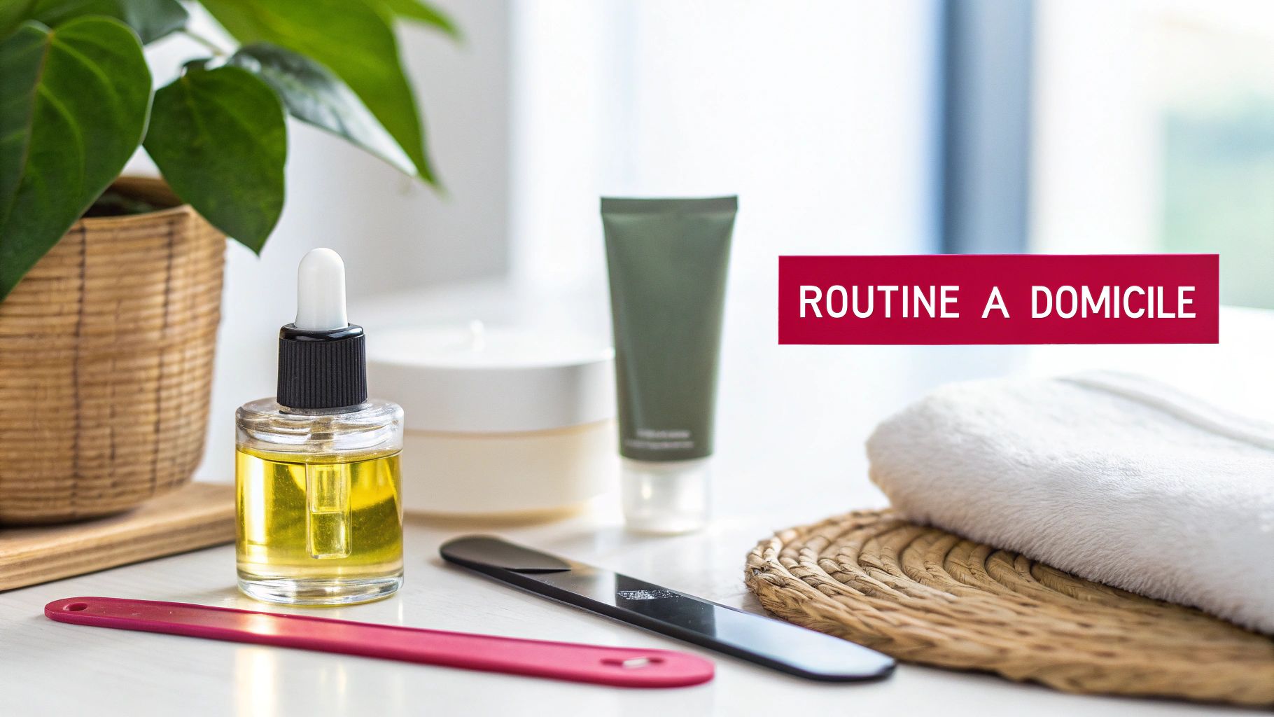 Produits de beauté et de soin des ongles sur une table blanche, incluant huile, crèmes, limes et serviette, avec le texte "ROUTINE A DOMICILE".