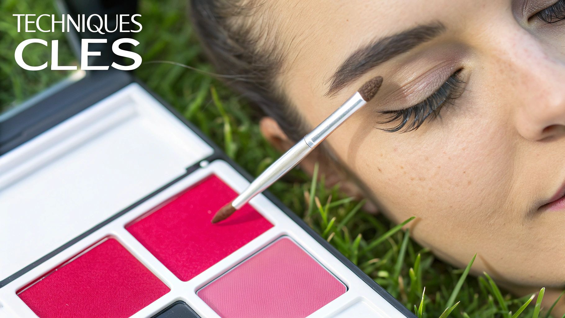 Une femme applique du maquillage des yeux avec un pinceau, allongée dans l'herbe verte, près d'une palette de maquillage aux teintes roses et rouges, avec le texte "TECHNIQUES CLES".
