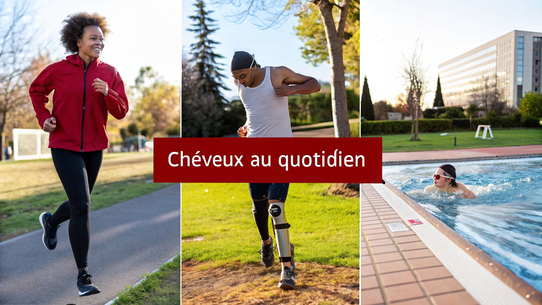 Une femme aux cheveux foncés ajustant sa coiffure avec un sourire confiant.