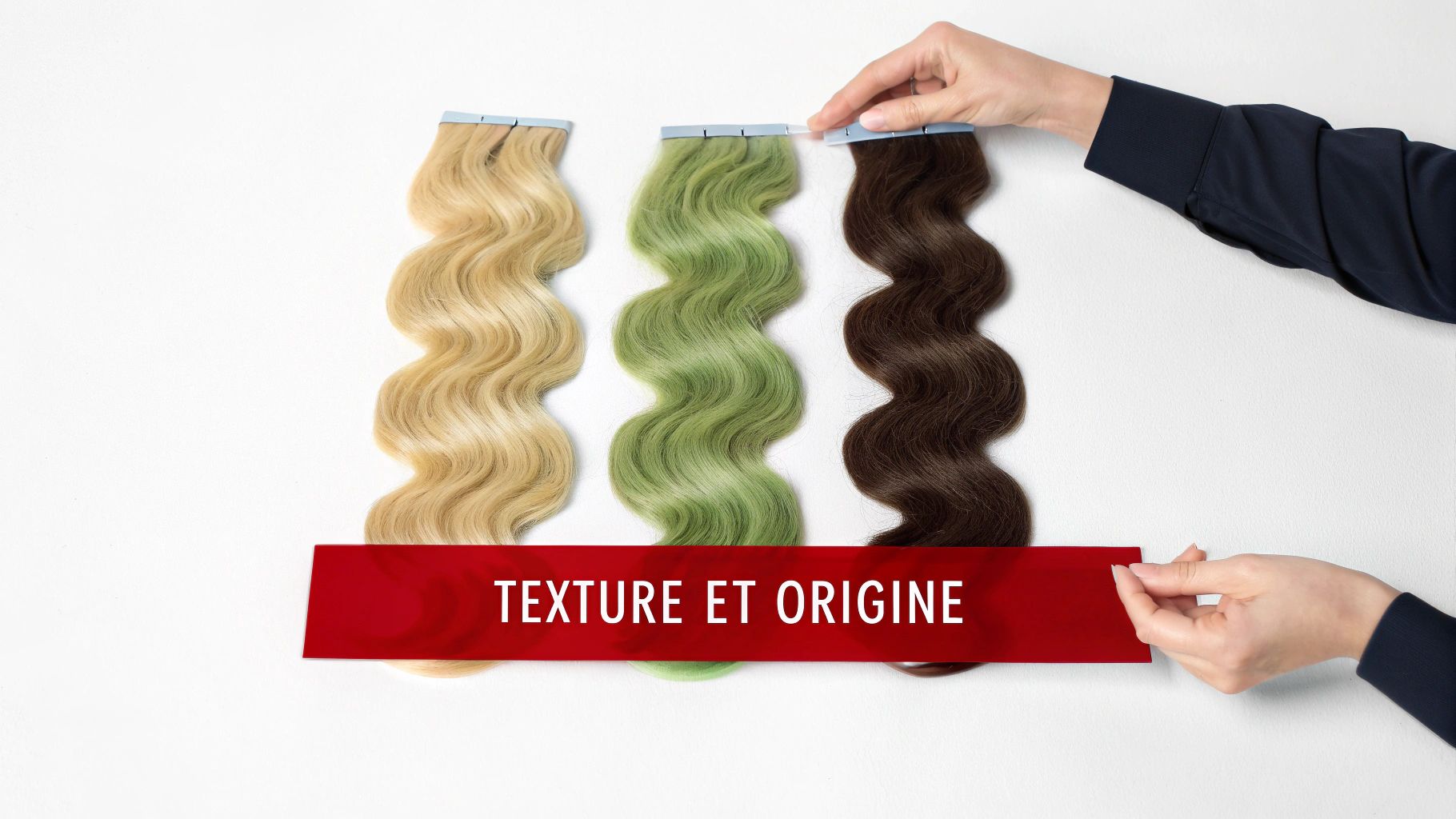 Trois mèches de cheveux ondulées (blondes, vertes, brunes) avec une main et une bannière rouge affichant 'TEXTURE ET ORIGINE'.