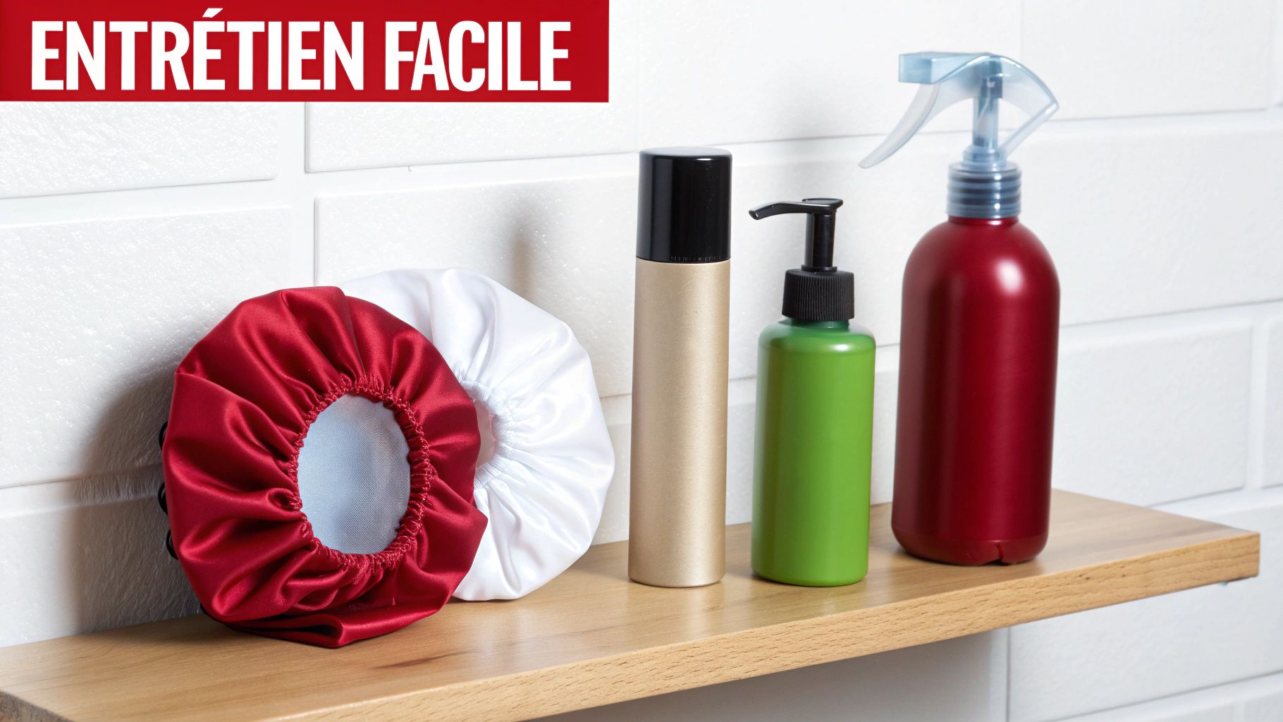 Produits capillaires variés et bonnets de douche sur une étagère en bois, avec le texte "ENTRETIEN FACILE".
