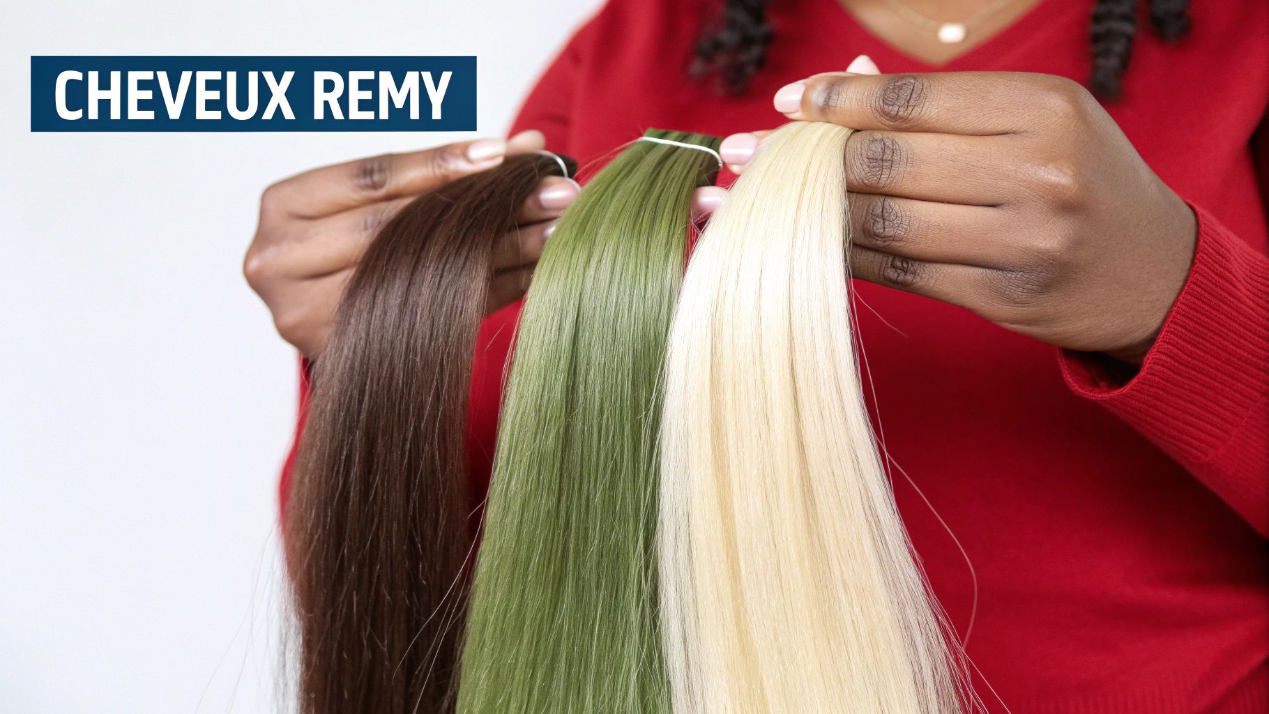 Une personne présente trois mèches d'extensions de cheveux Remy de couleurs différentes : marron, vert et blond clair.