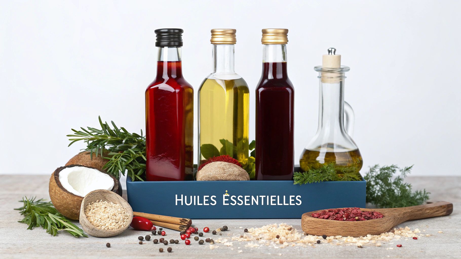 Une sélection de flacons d'huiles végétales pour les cheveux, joliment disposés.