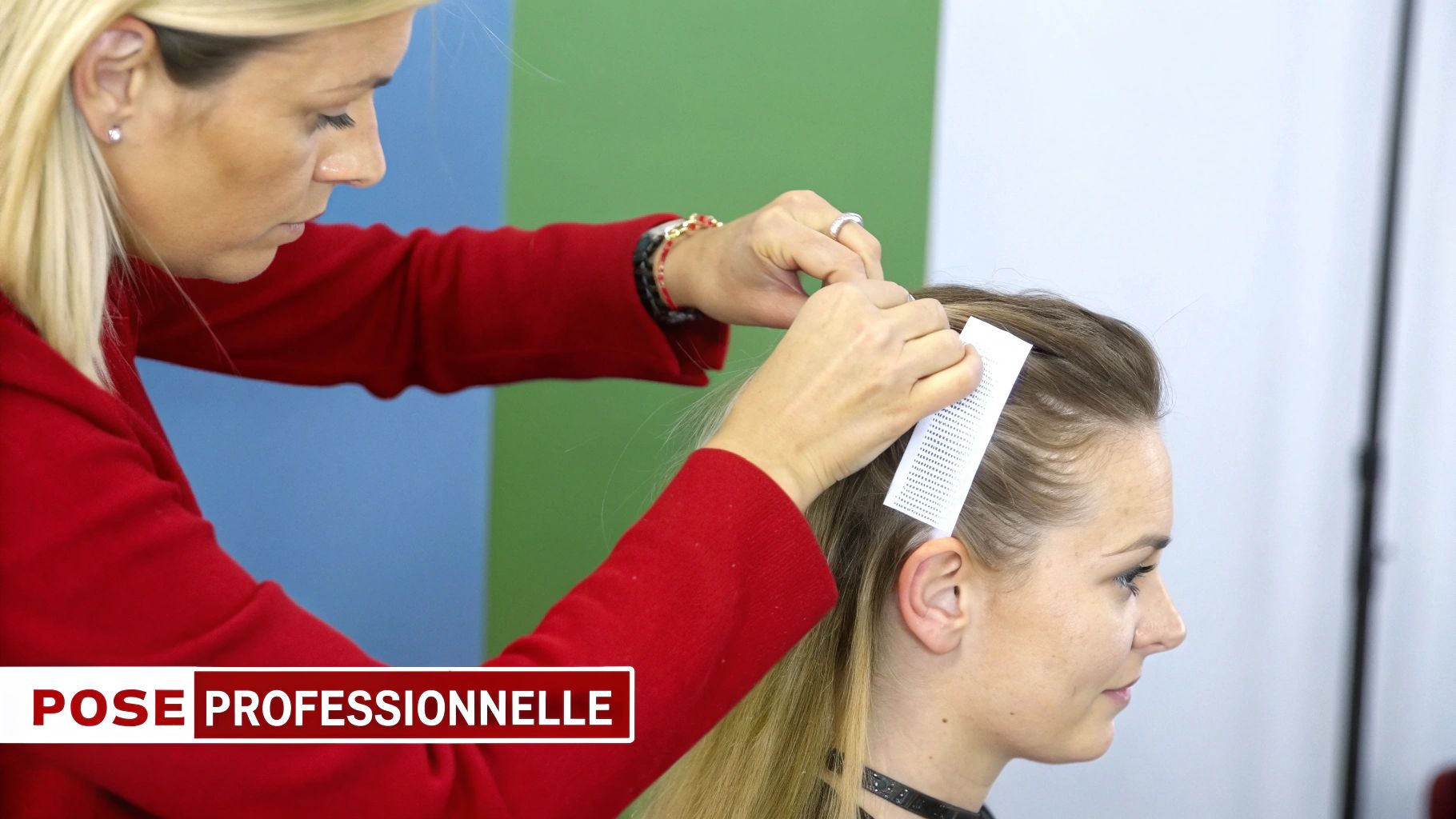 Cliente recevant une pose d'extension en bande adhésive dans un salon de luxe