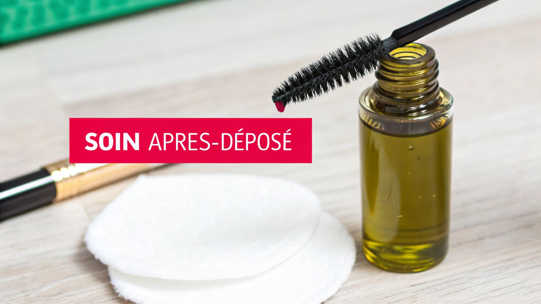 Bouteille d'huile avec brosse applicatrice, tampons de coton et texte « SOIN APRES-DÉPOSÉ ».