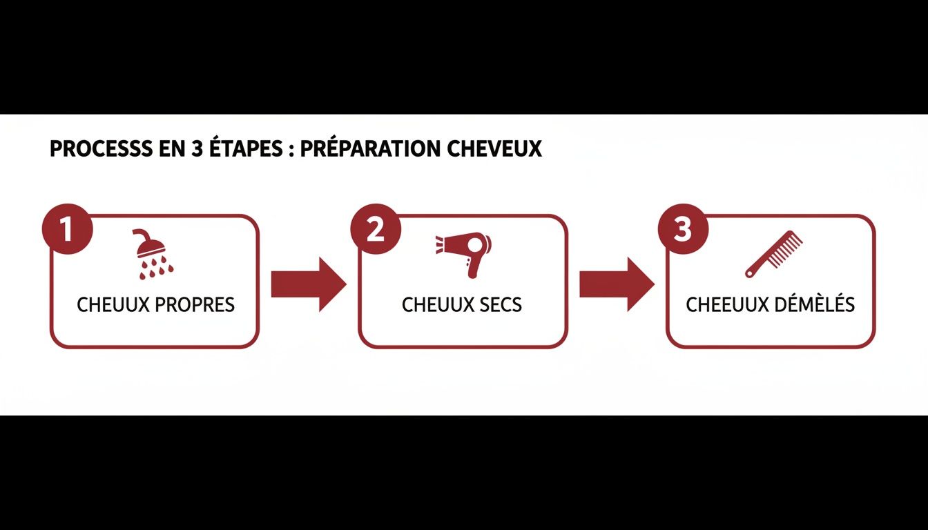 Diagramme expliquant les 3 étapes de préparation des cheveux : laver, sécher et démêler les cheveux.