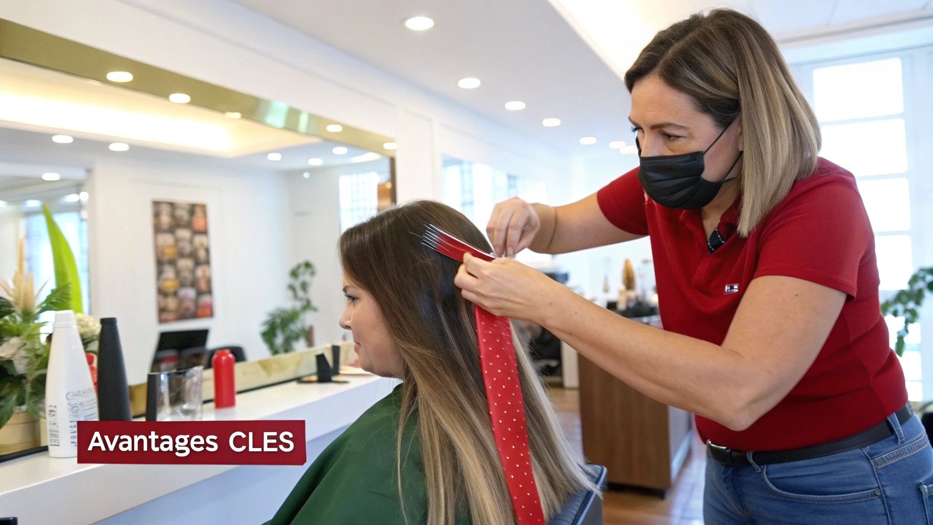 Gros plan sur des extensions à bande adhésive montrant leur finesse et leur intégration naturelle.