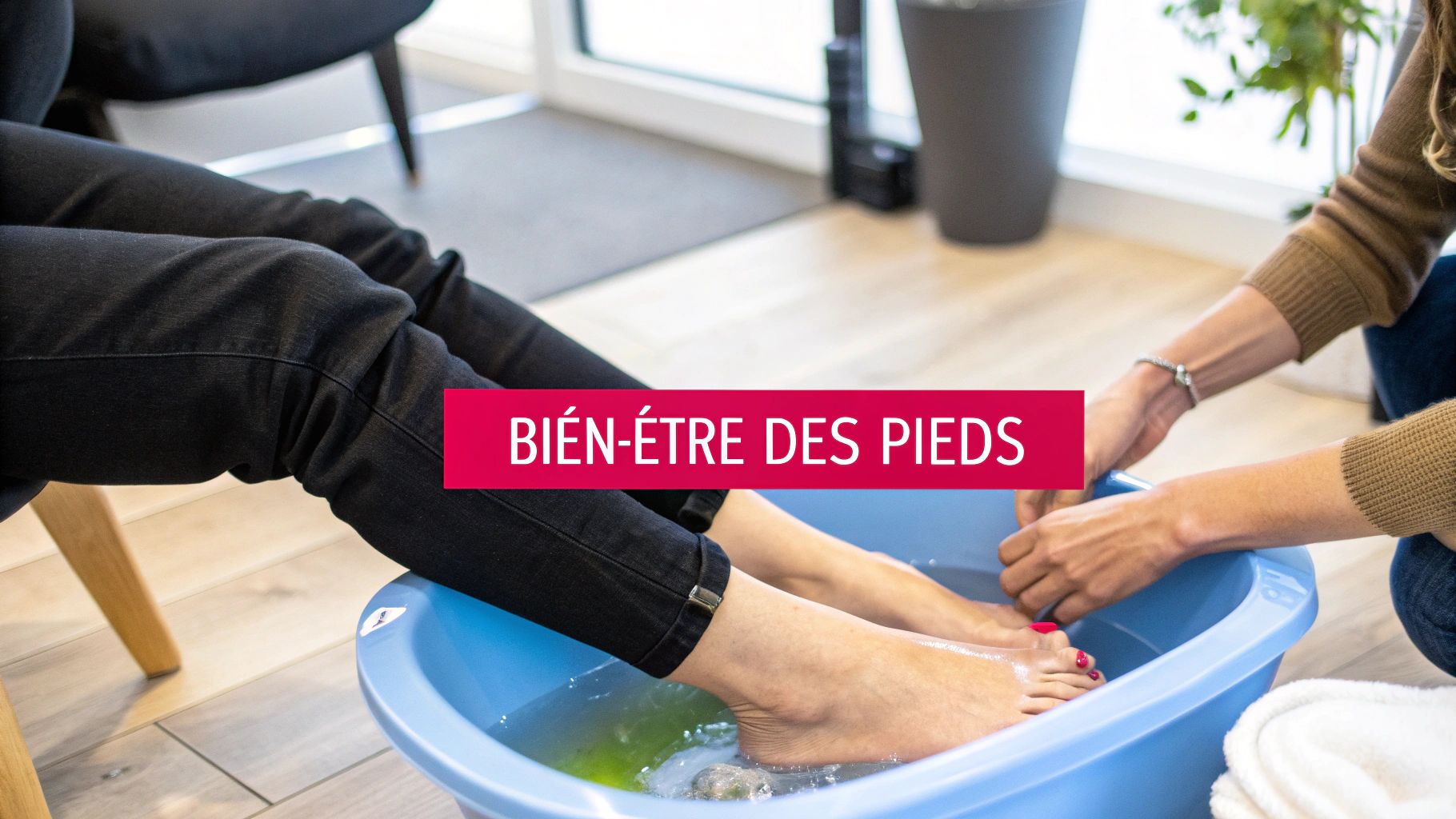 Une personne aux pieds dans une bassine bleue, recevant des soins de bien-être pour les pieds.
