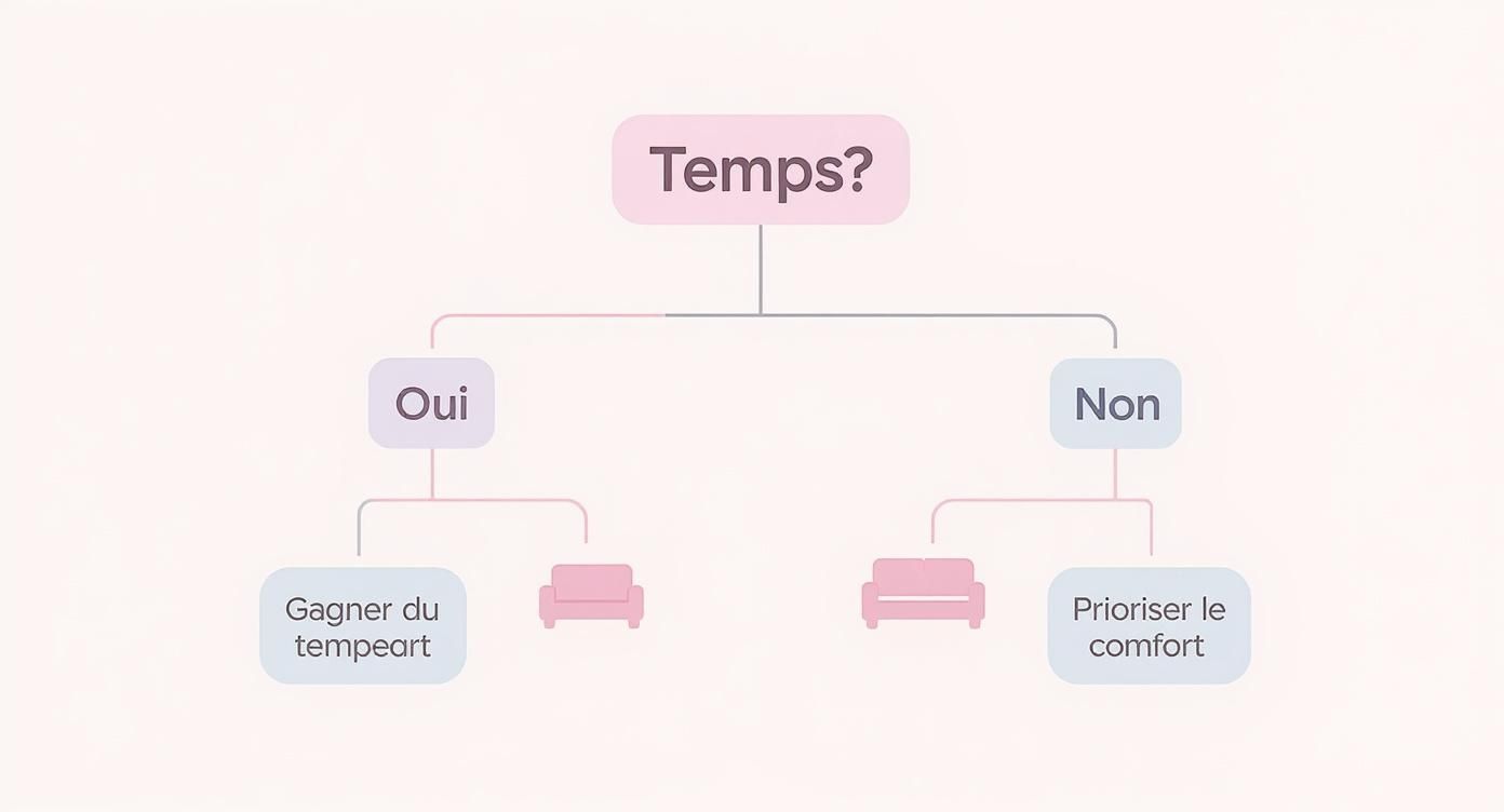 Diagramme de flux sur le choix entre gagner du temps ou prioriser le confort, illustré par des icônes de canapé.