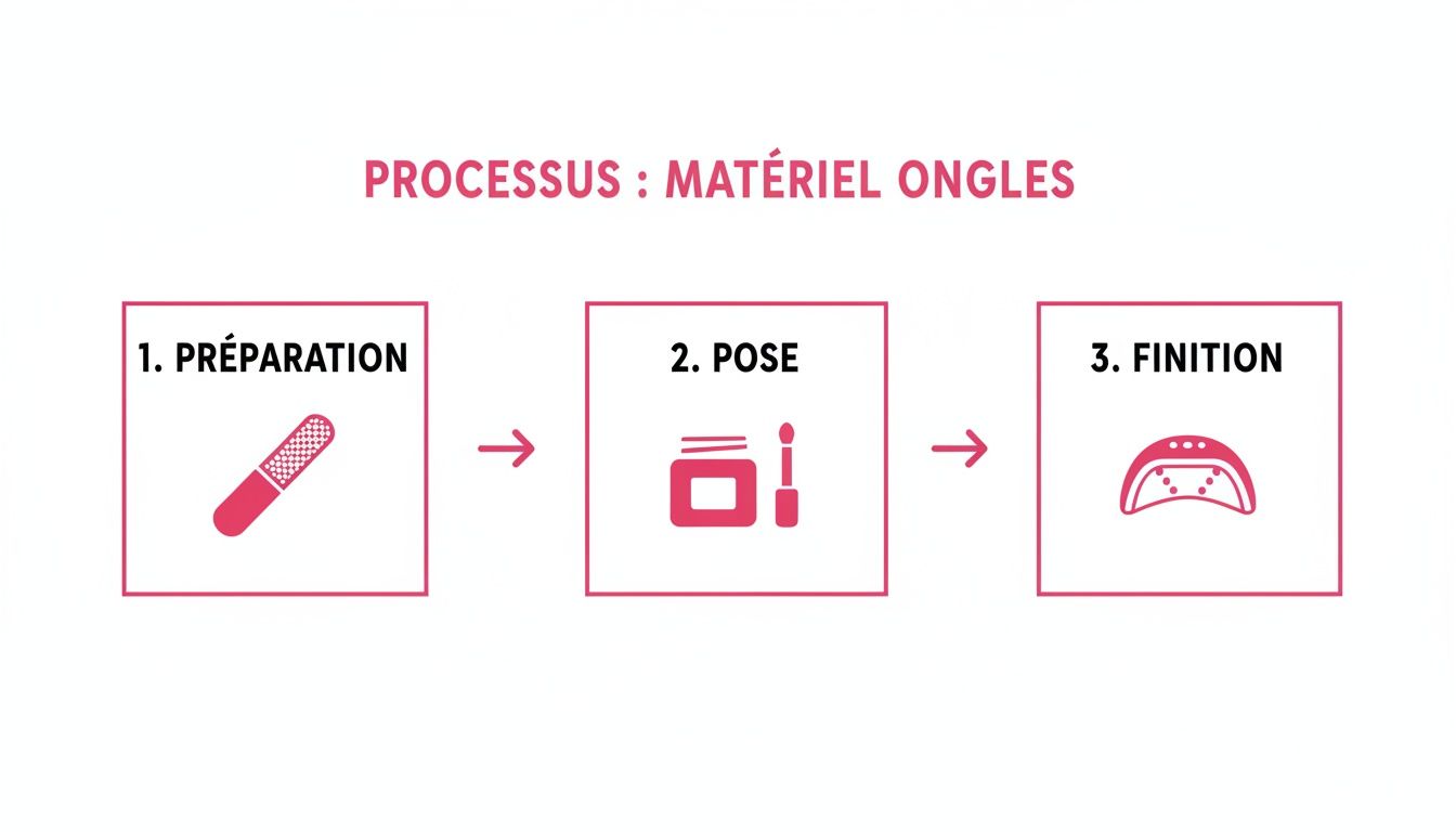 Un diagramme illustrant les trois étapes de la pose d'ongles : préparation, pose et finition, avec des icônes explicatives.