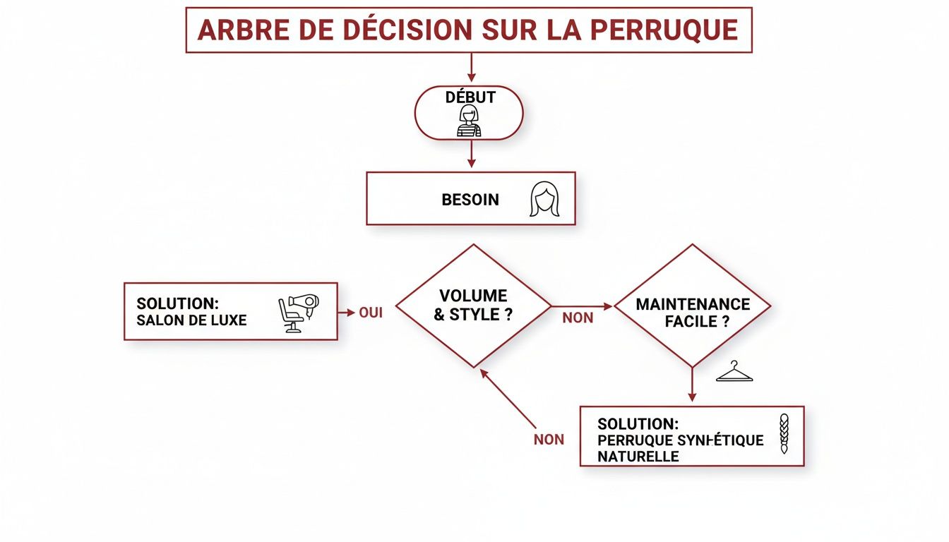 Arbre de décision pour le choix d'une perruque, guidant vers un salon de luxe ou une perruque synthétique naturelle.