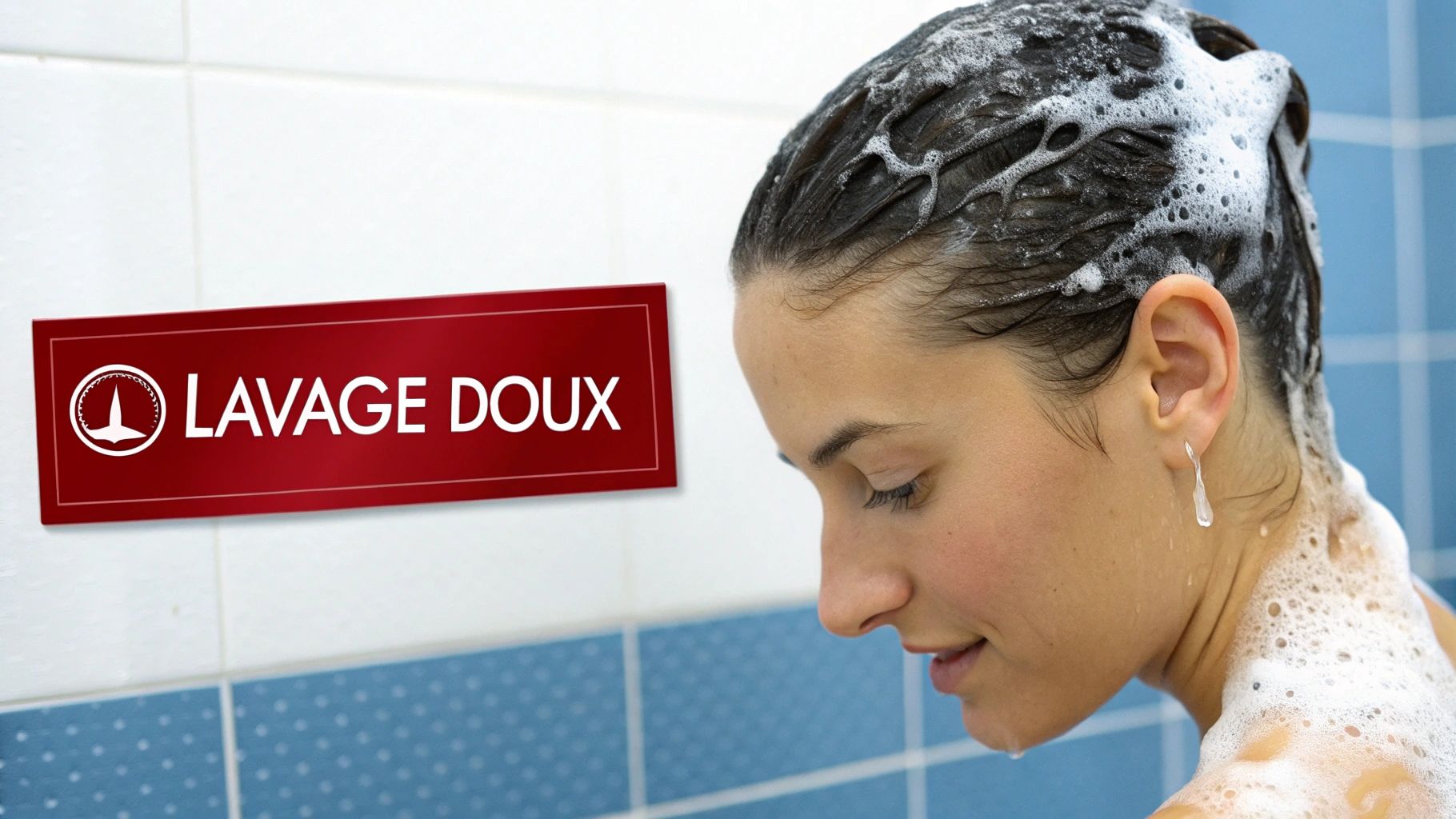 Femme se lavant délicatement les cheveux sous une douche au style épuré