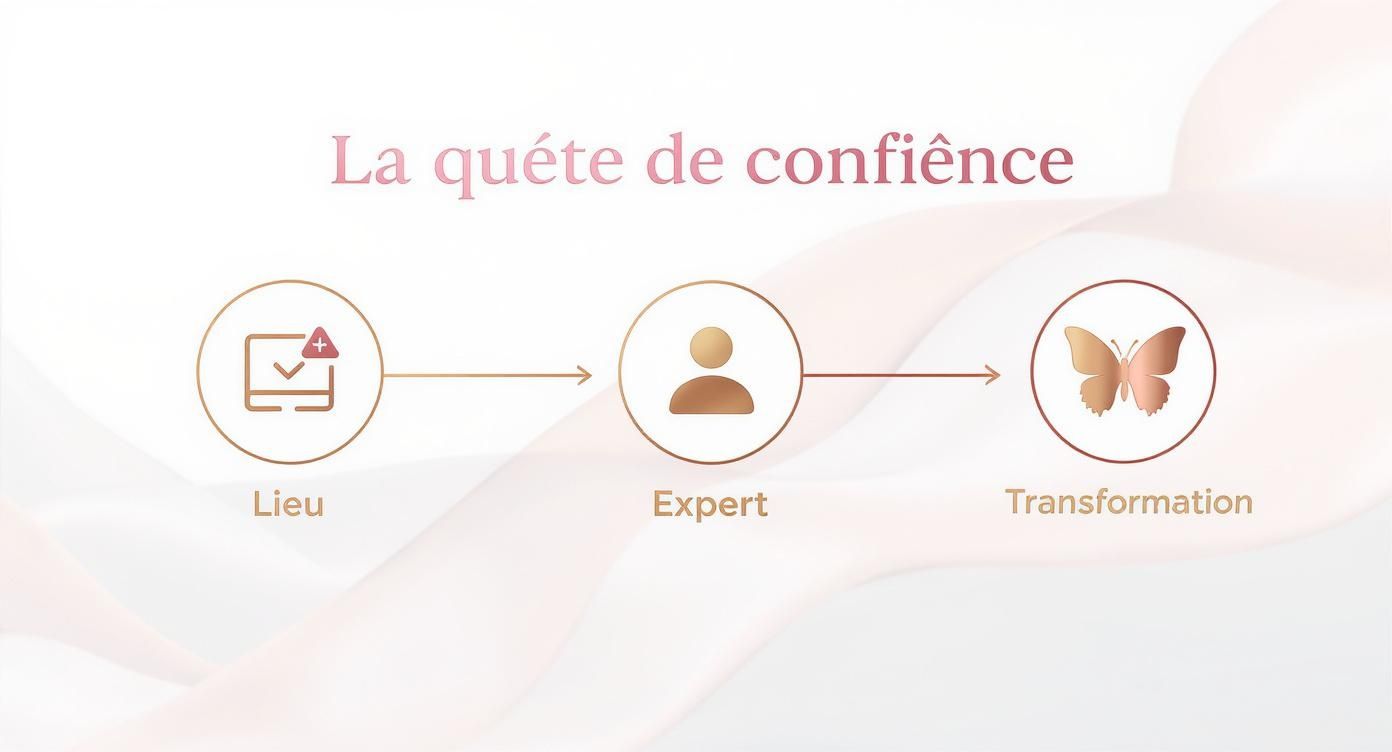 Diagramme illustrant la quête de confiance, du lieu au conseil d'expert, menant à la transformation.