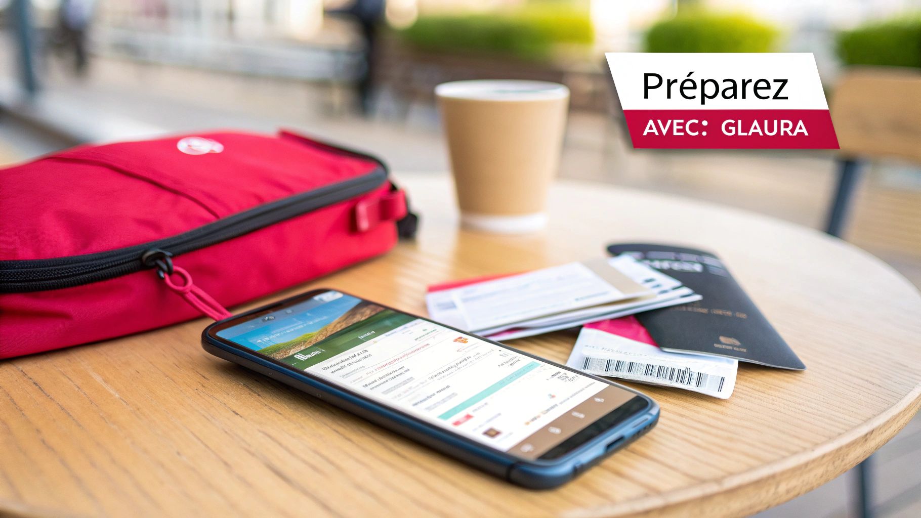 Smartphone affichant l'application Glaura avec passeports, billets et sac de voyage rouge sur table