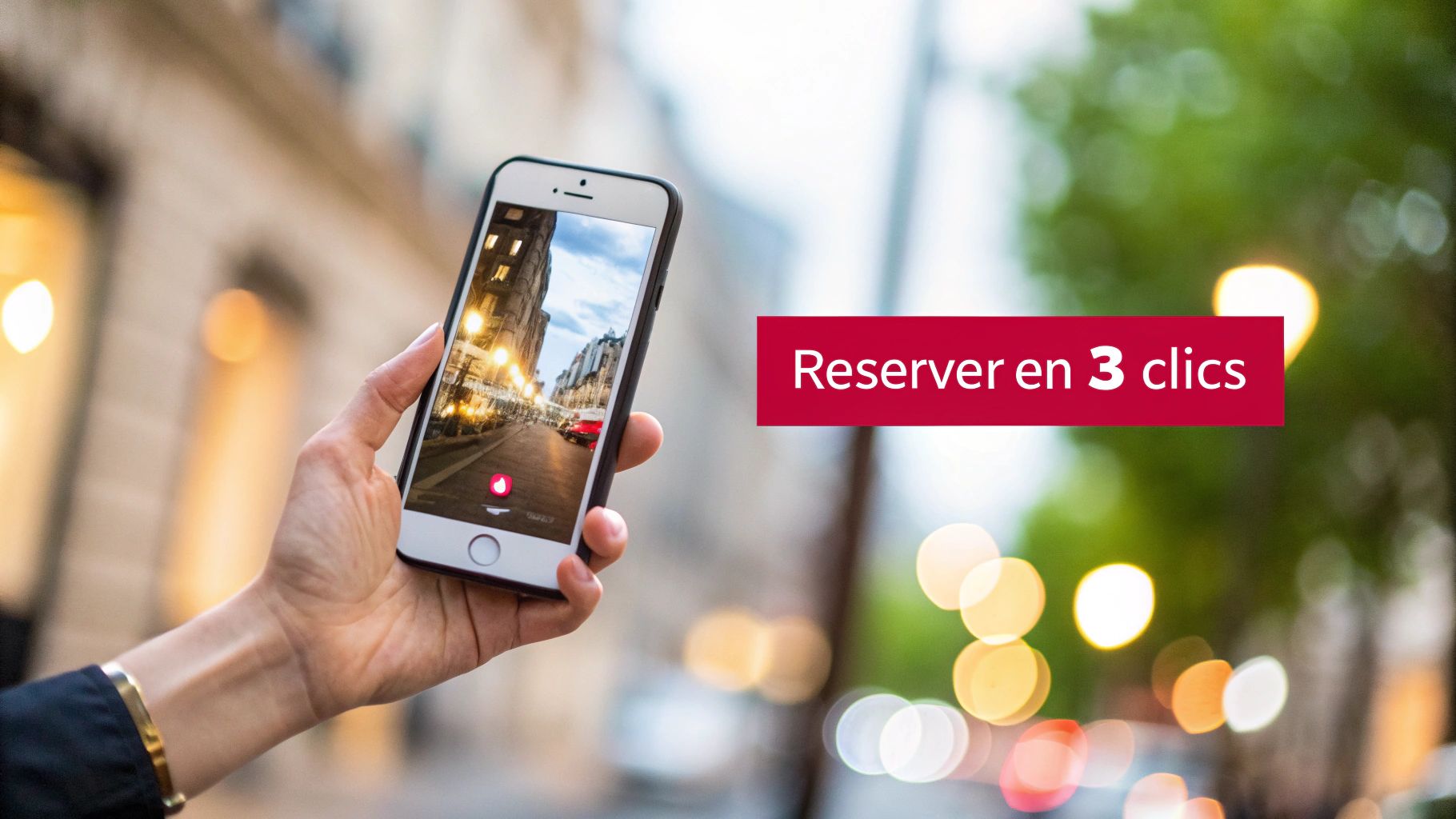Une main tient un smartphone affichant une scène de rue éclairée par des lumières nocturnes. Un bandeau rouge avec le texte "Réserver en 3 clics" est visible sur la droite.