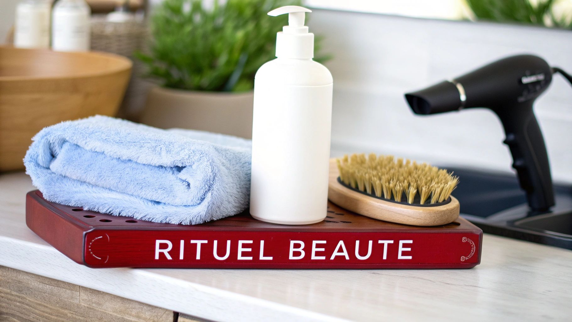 Une serviette bleue, une lotion, une brosse et un sèche-cheveux sur un plateau rouge "Rituel Beauté" pour la salle de bain.