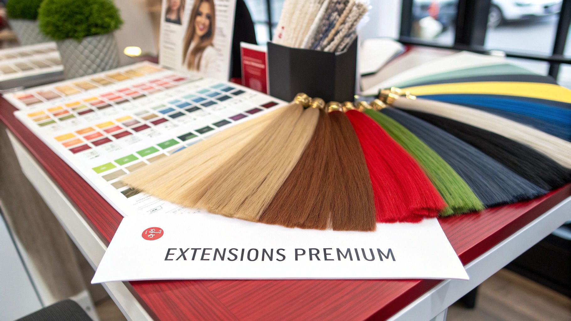 Une sélection d'extensions de cheveux de haute qualité, montrant différentes textures et couleurs.