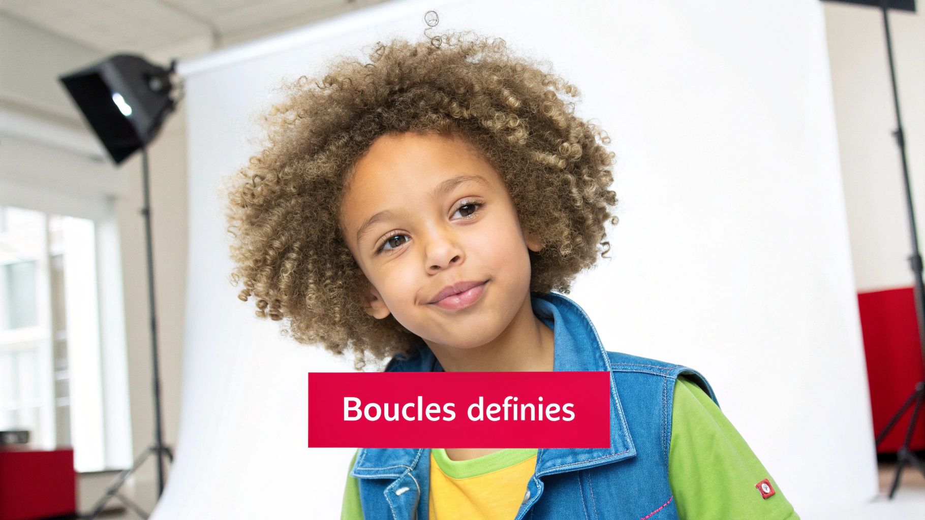 Un jeune enfant souriant aux boucles définies, portant un gilet en jean, posant dans un studio photo avec un fond blanc. Le texte indique "Boucles définies".