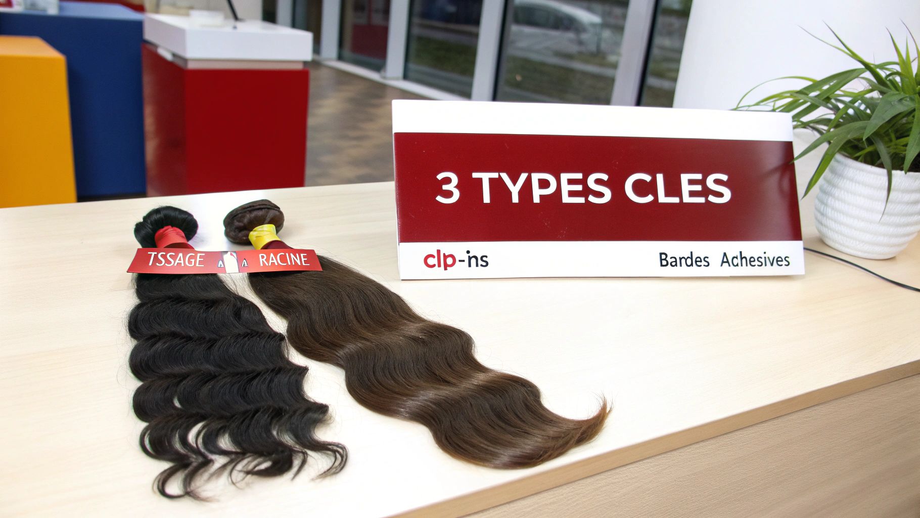 Une femme aux cheveux longs et volumineux grâce à un tissage d'extensions, souriant avec confiance.