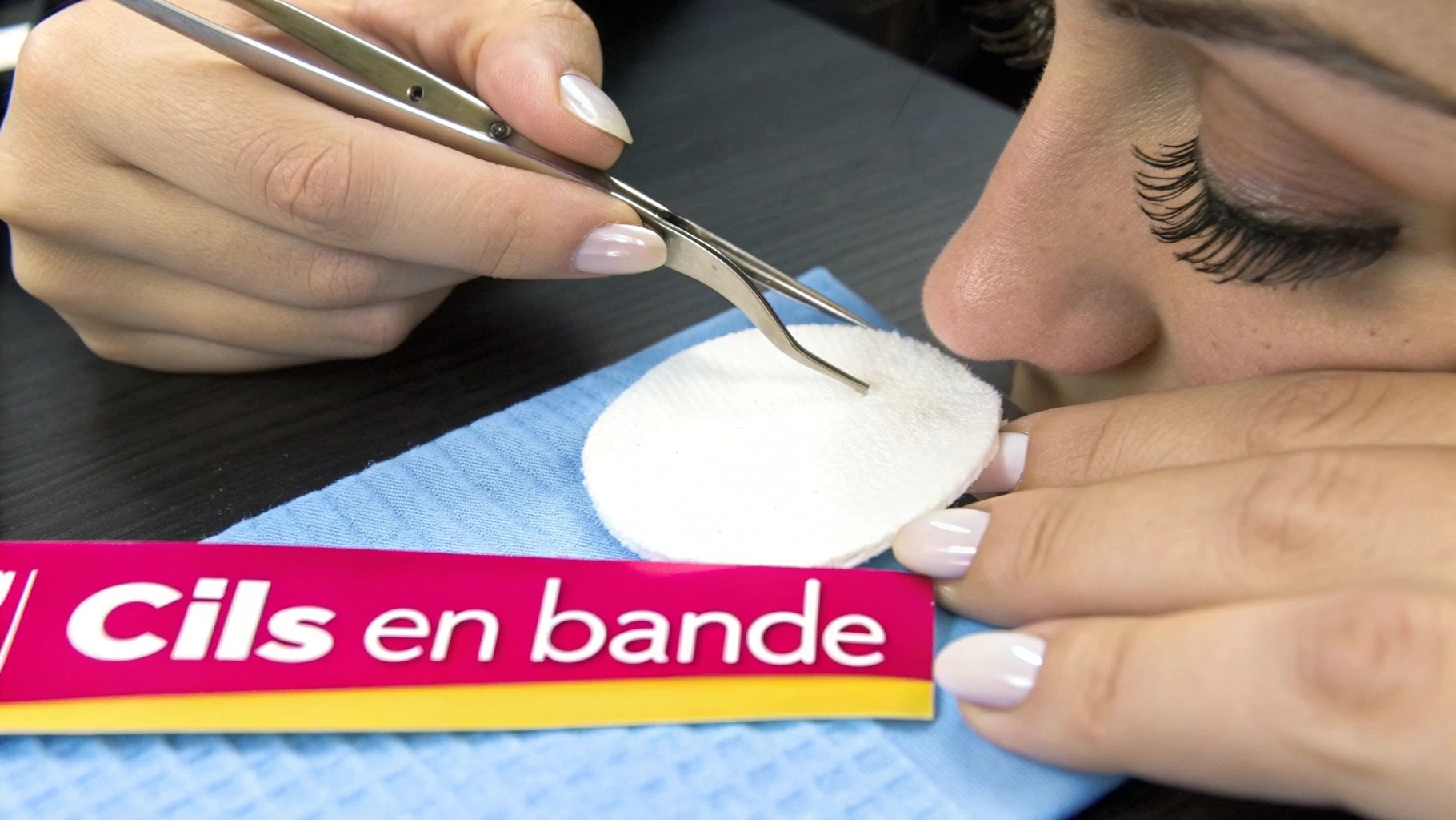 Gros plan sur l'application de faux cils : des pinces manipulent un coton, près d'un œil maquillé.