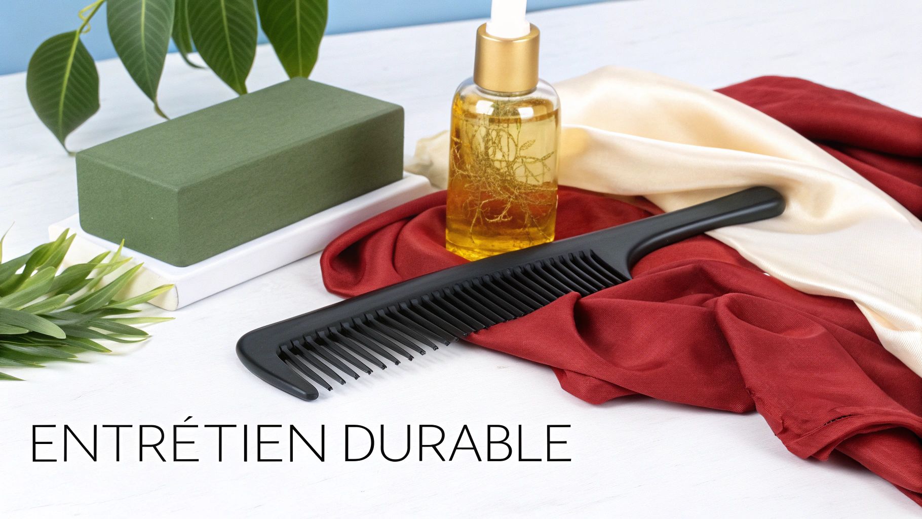 Femme souriante touchant délicatement son tissage naturel long et soyeux.