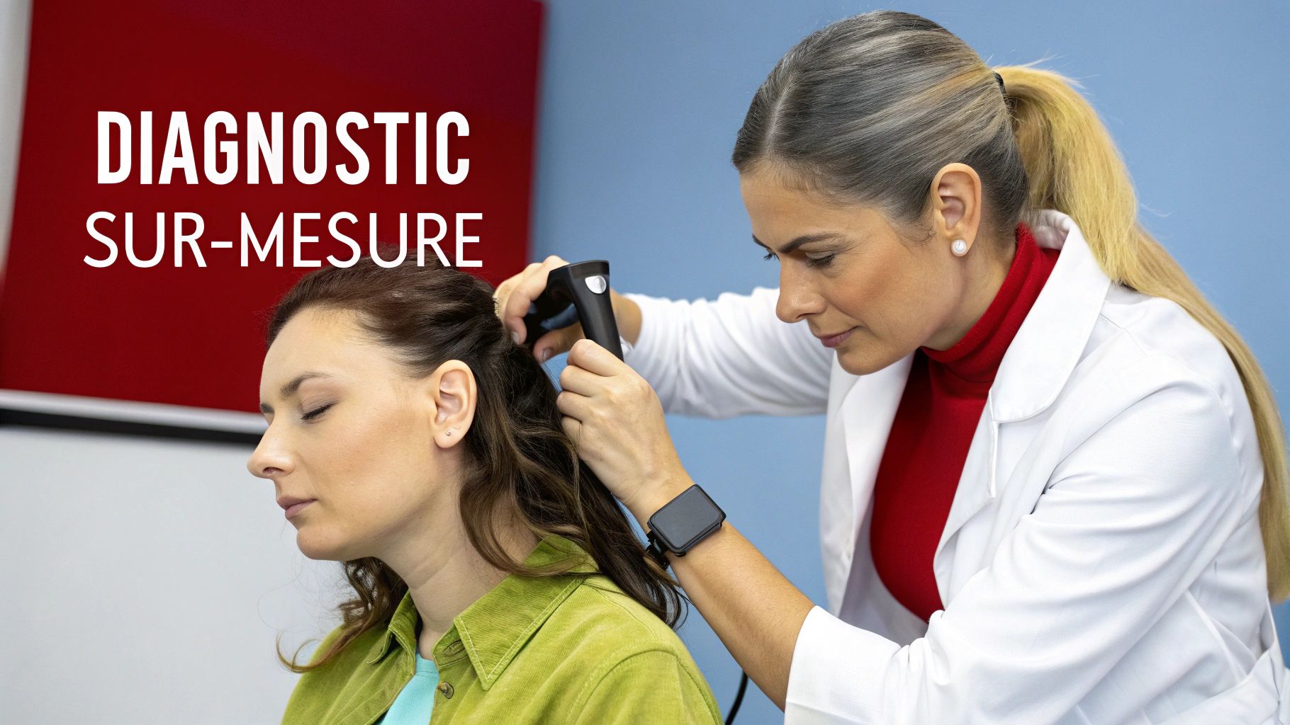 Une experte styliste de Velvety Paris réalisant un diagnostic capillaire personnalisé sur une cliente dans un cadre luxueux.