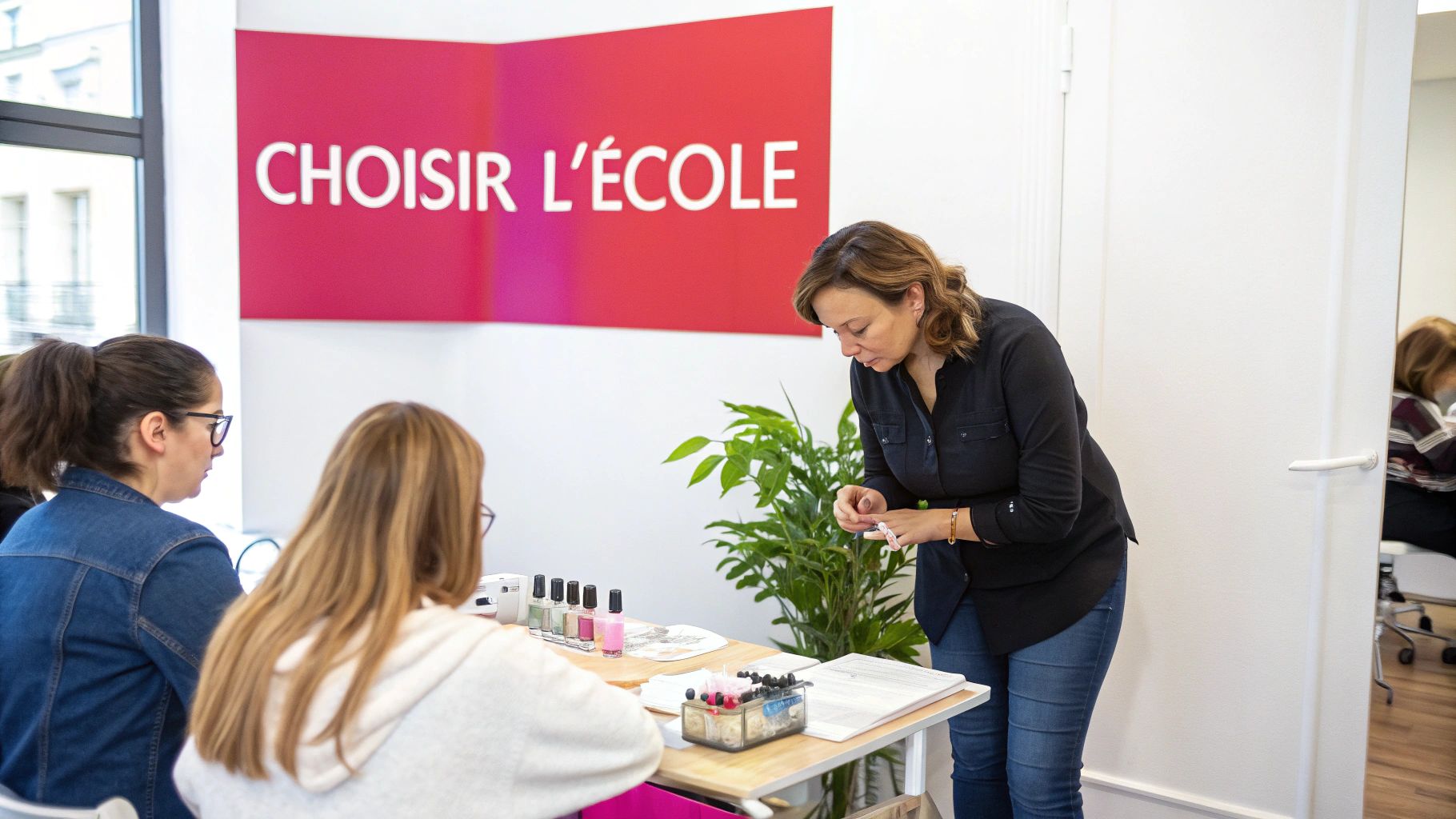 Une formatrice montre des techniques de manucure à deux étudiantes dans une salle de cours lumineuse.