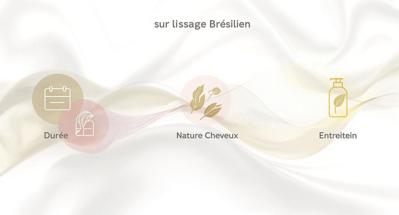Infographie expliquant le lissage brésilien, incluant la durée, la nature des cheveux et les conseils d'entretien.