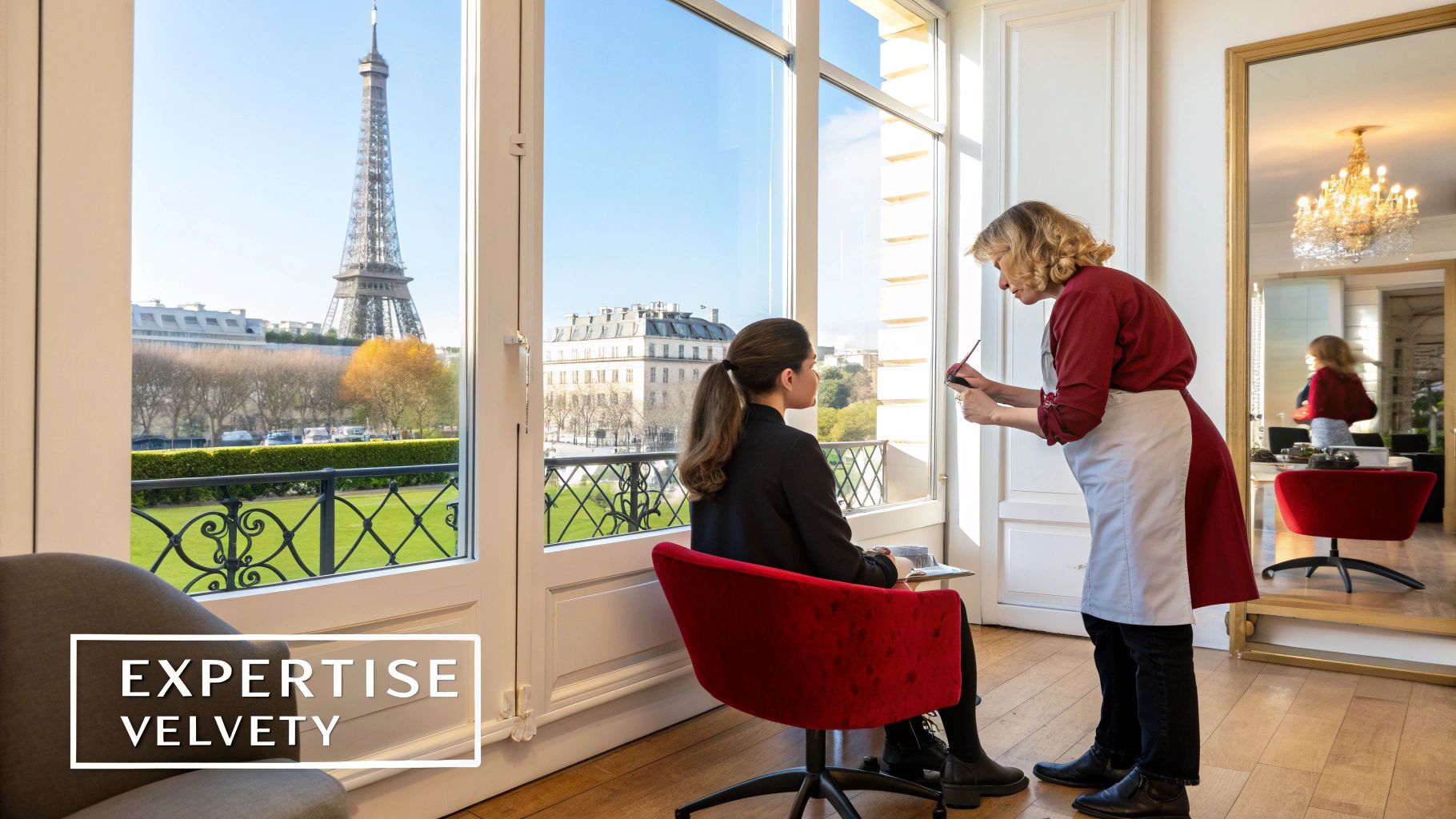 Une femme reçoit un soin de beauté dans un salon élégant avec vue sur la Tour Eiffel à Paris.