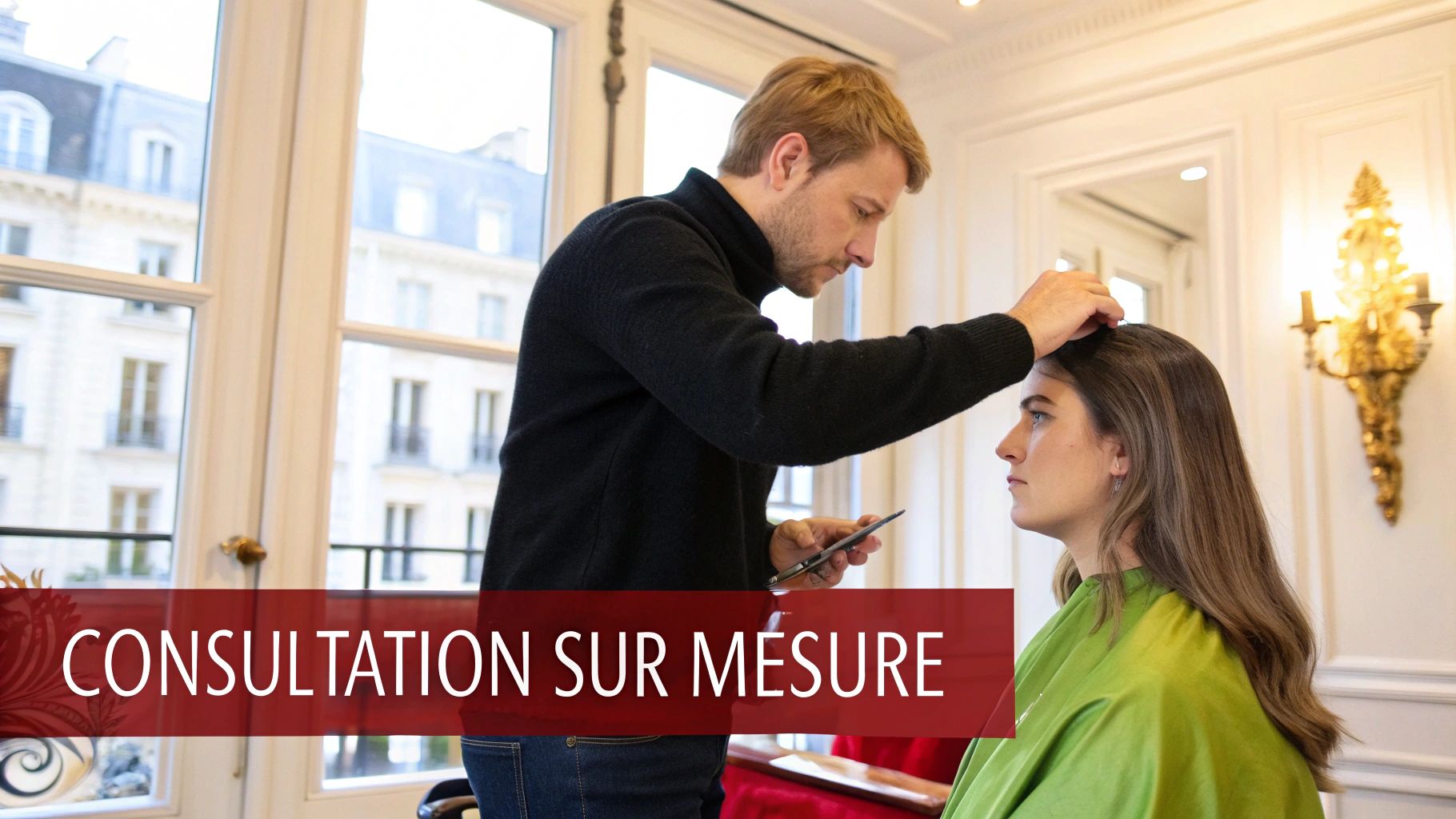 Un coiffeur examine les cheveux d'une cliente lors d'une consultation sur mesure dans un salon lumineux.