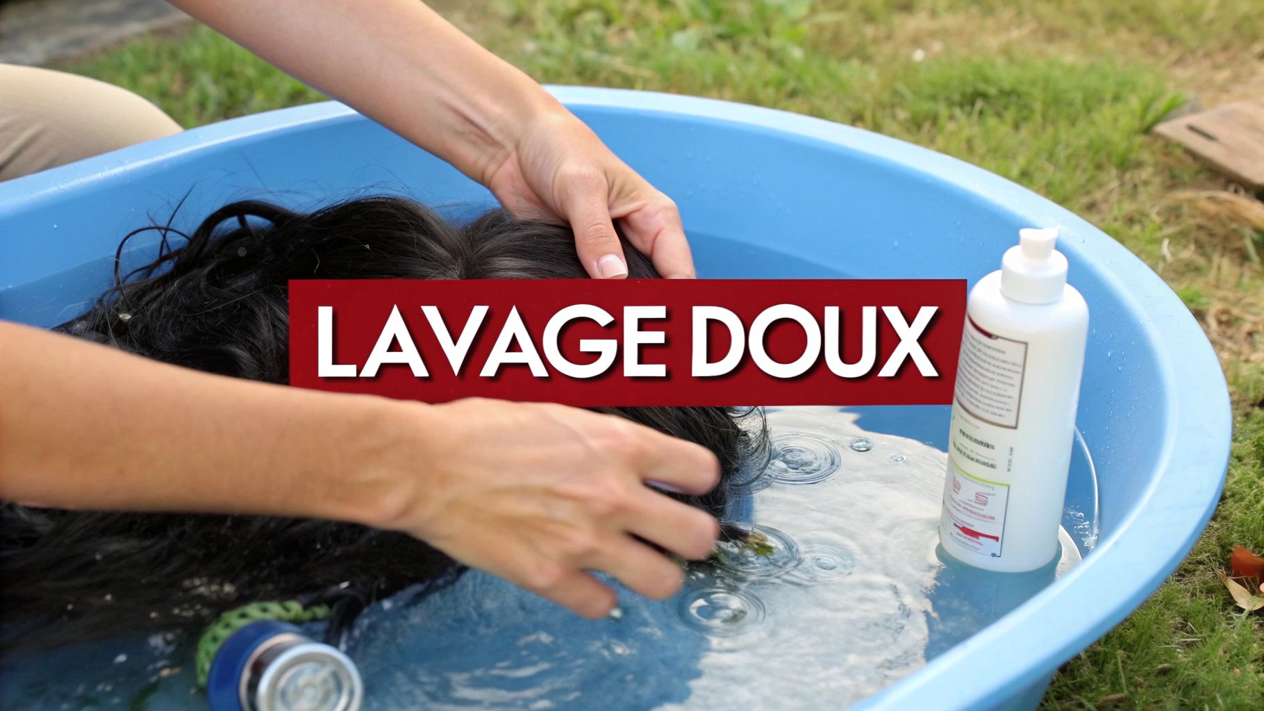 Une perruque synthétique plongée délicatement dans une bassine d'eau claire