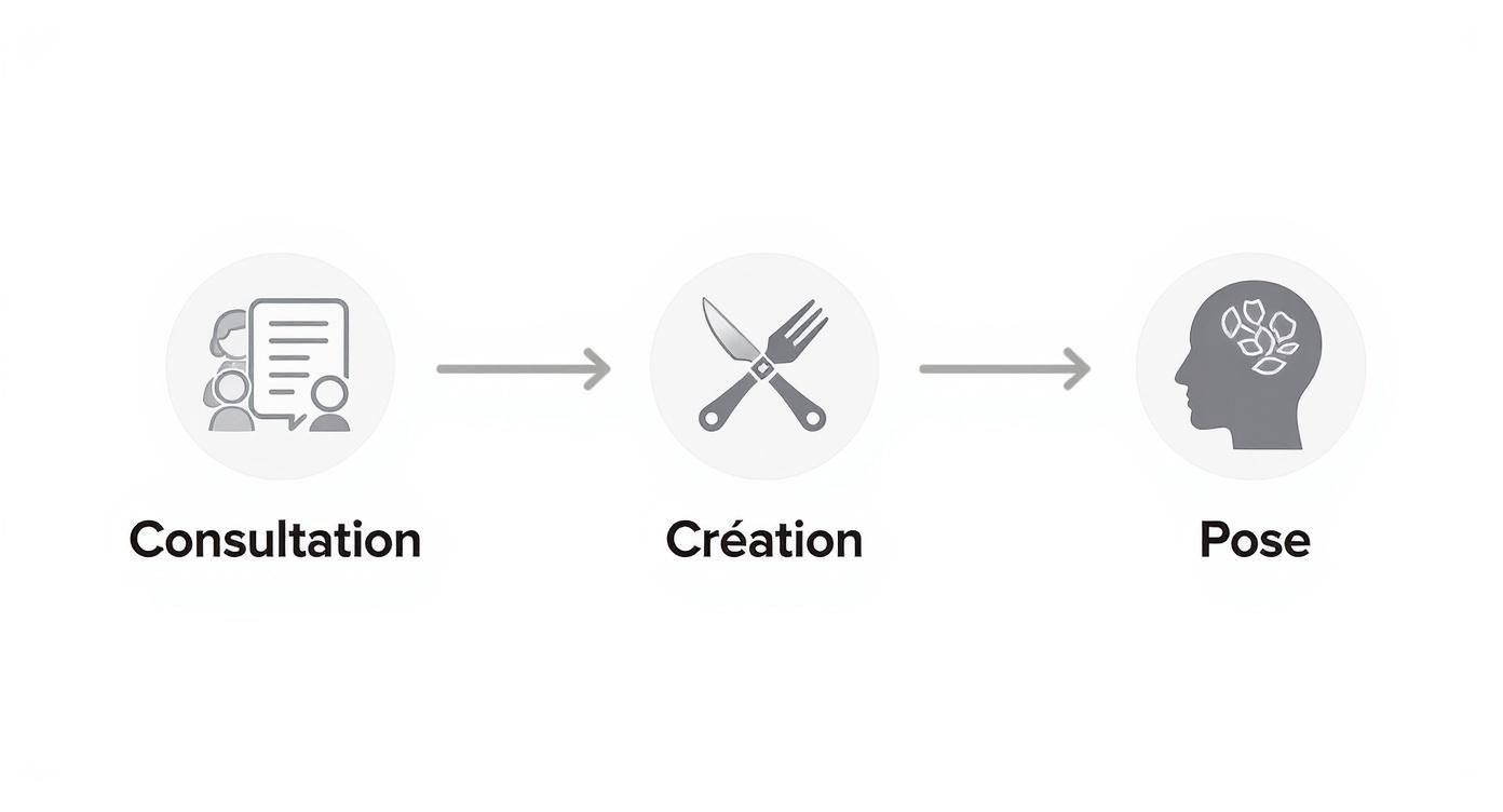 Schéma de processus en 3 étapes: consultation, création et pose, illustré par des icônes grises.
