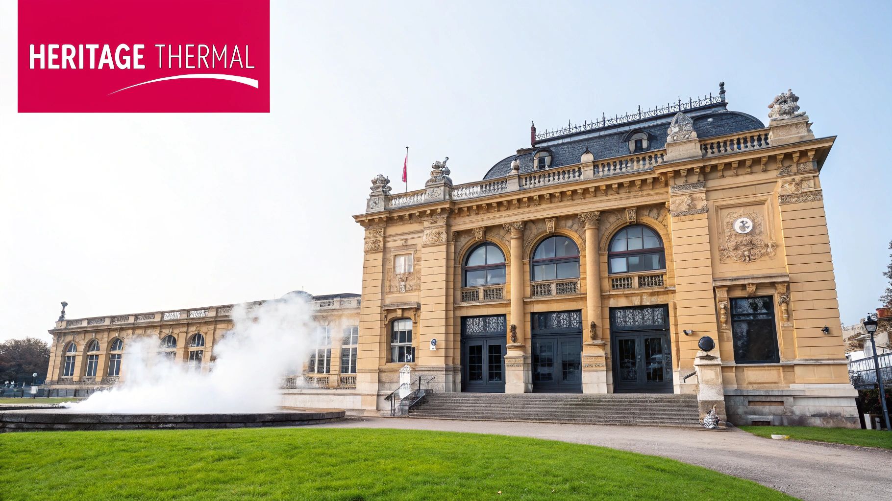 Bâtiment historique thermal de style Belle Époque avec architecture néoclassique et vapeur d'eau thermale