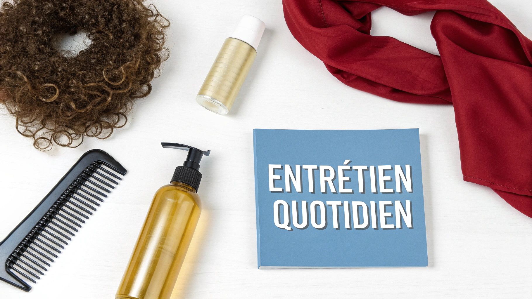 Femme prenant soin de son tissage cheveux bouclés avec des produits de qualité